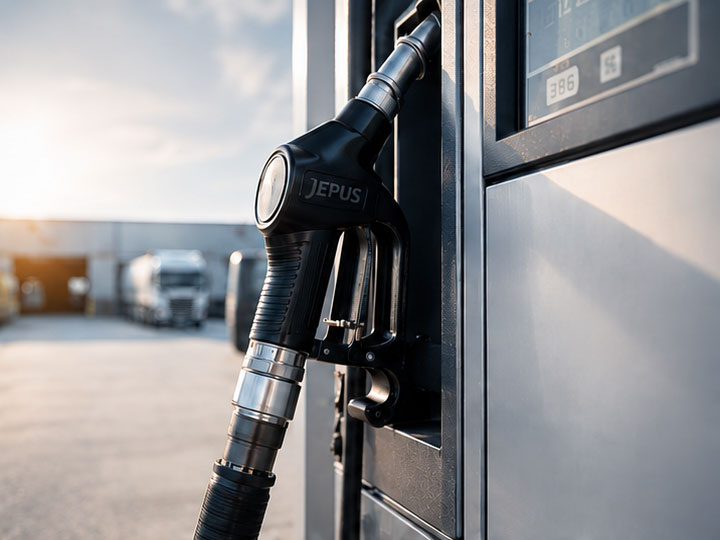 Zapfsäule für Diesel. Detailaufnahme vor unscharfem Hintergrund
